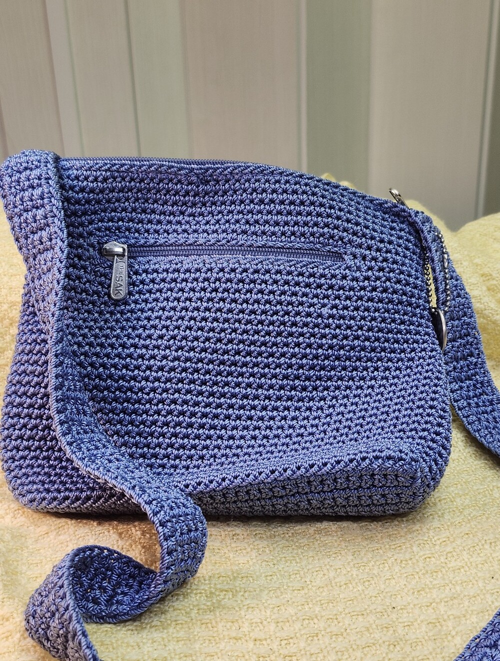 Handcrafted Blue Crochet Crossbody Bag with Zip Pocket